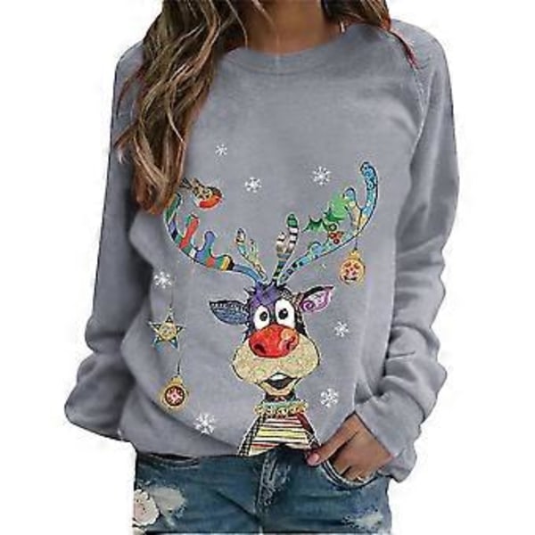 Jul Kvinder Farverig Elg Print Langærmet Sweatshirt T-shirt Casual Løse Skjorter Jul Rund Hals Pullover Jumper Toppe -NMAOV(3XL Grå)