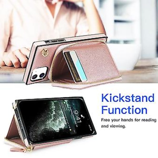 Plånboksfunktion Telefonfodral för Iphone 11 med Korthållare Axelrem Kvinna (Roséguld)
