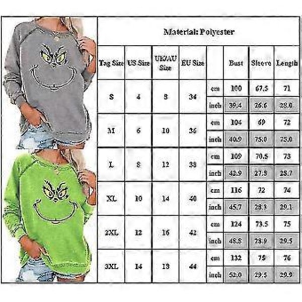 Jul The Grinch Trykk T-skjorte Jul Kvinner Langermet Genser Pullover Topper Bluse -NMAOV(3XL Mørkegrønn)