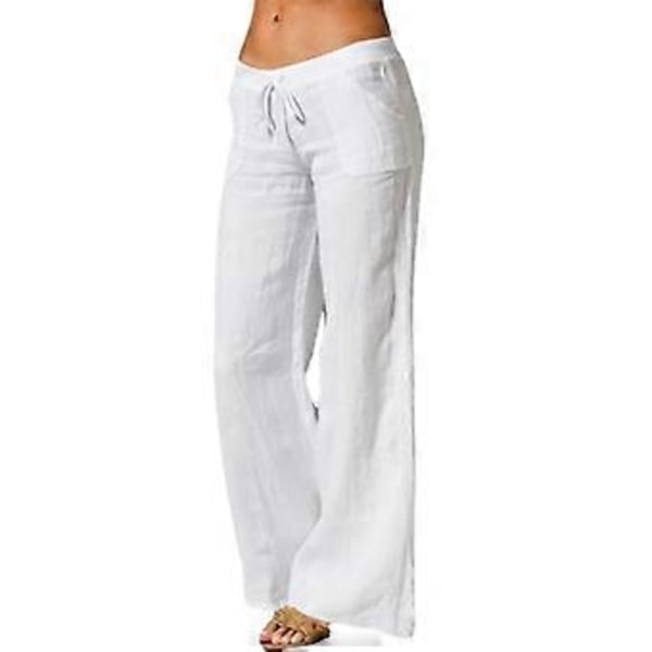 Dame Forår Sommer Bomuld Hør Bukser Casual Elastisk Talje Bred Ben Mode Hvide Sorte Bukser (4XL khaki)