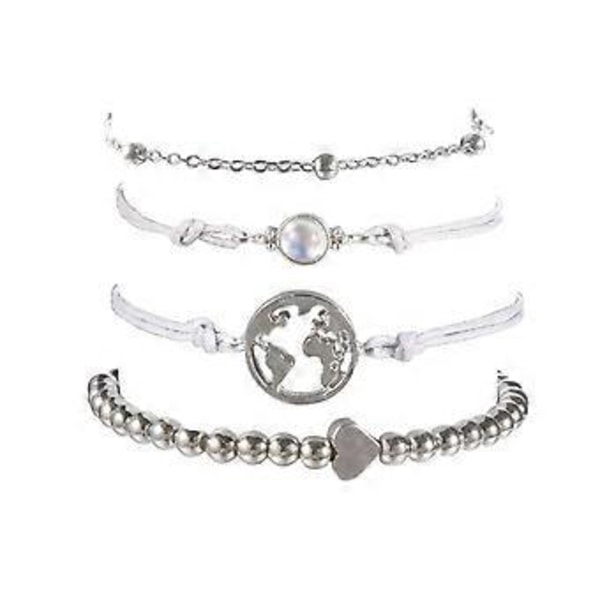 Sæt med 4 Boho Perlearmbånd med hjerte og kort og ædelsten Armbånd til kvinder og piger