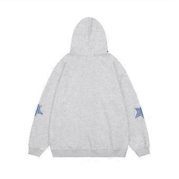Retro stjerne hoodie med lynlås, løs afslappet efterårsskjorte (L Grå)