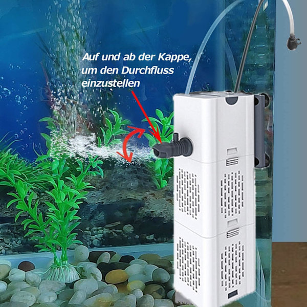Ultra stille 4 i 1 akvariefilter, Multifunksjons akvariefilter, 500-1800 l/t, Med 2 fil