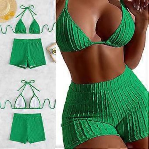 Naisten riimutoppimallinen ribbineulos uimashortsit Bikinisetti Kaksiosainen Push Up Bikini Uimapuku Uima-asu poikashortseilla Vihreä S (S Vihreä)