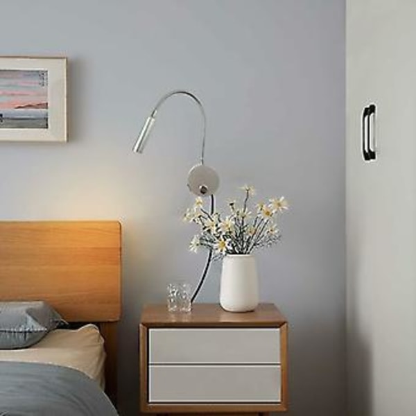LED hodegavl vegglampe, fleksibel svanehalslampe med stikkontakt, 3W vegglampe for nattbordlesing, soverom