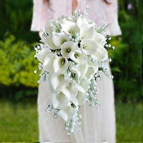 Bröllopsbukett för brud, konstgjorda blommor i vattenfallsstil, vit kallalilja, falsk blomma för bröllopsceremoni, årsdag och heminredning