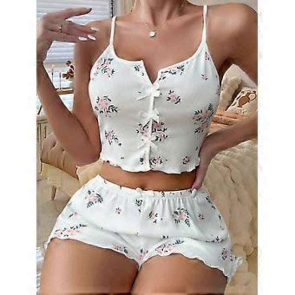 Dame Pyjamassæt Sexet V-hals Sling Top og Elastiske Talje Shorts Sæt Lounge Nattøj Sæt (S blomsterprint)