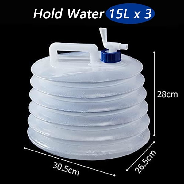 3 x 15L hopfällbar vattenbehållare, transparent hopfällbar med