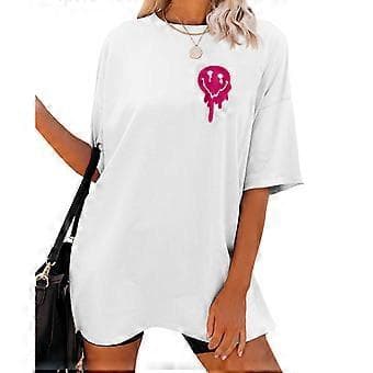 Dam Letter Graphic Print Tee Top Oversize Tröja med Nedhasad Axel Kortärmad T-shirt Pullover Blus Casual Lös Pullover Vit L(L Vit)