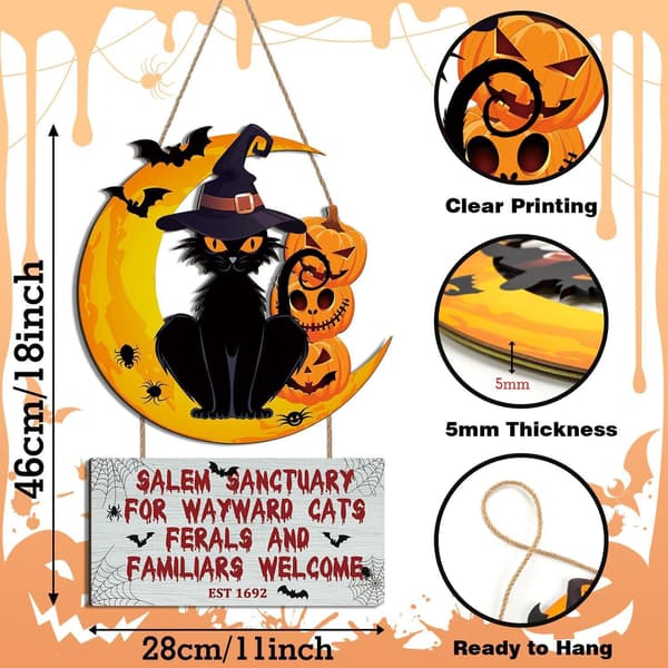 Halloween Välkomstdekoration: Pumpa, Svart Katt och Fladdermus Träskylt