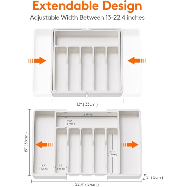 1 kpl valkoinen ruokailuvälinejärjestäjä, laajennettava laatikon välinealusta, säädettävä
