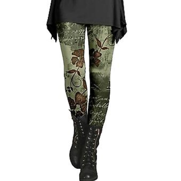 Dam Skinny Byxor Höst Vinter Vintage Etnisk Stil Blommigt Mönster Super Stretch Slim Fit Hög Midja Damernas Långa Leggings Byxor Damkläder (M Grön)
