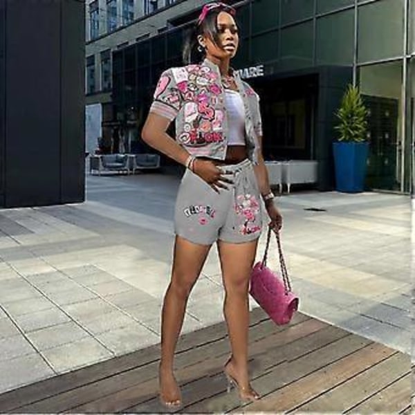 Dam 2-delat Set Kortärmad Crop Top Träningsdräkt Kroppsnära Shorts Jumpsuit Set (M Röd)