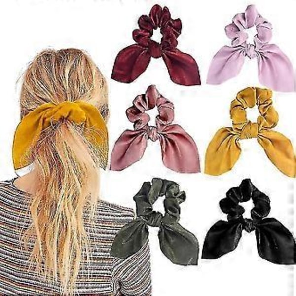 6 st hårscrunchies i satin, silkeskanin öronrosett scrunchie, elastiska hårband, hästsvanshållare för kvinnor, 6 färger