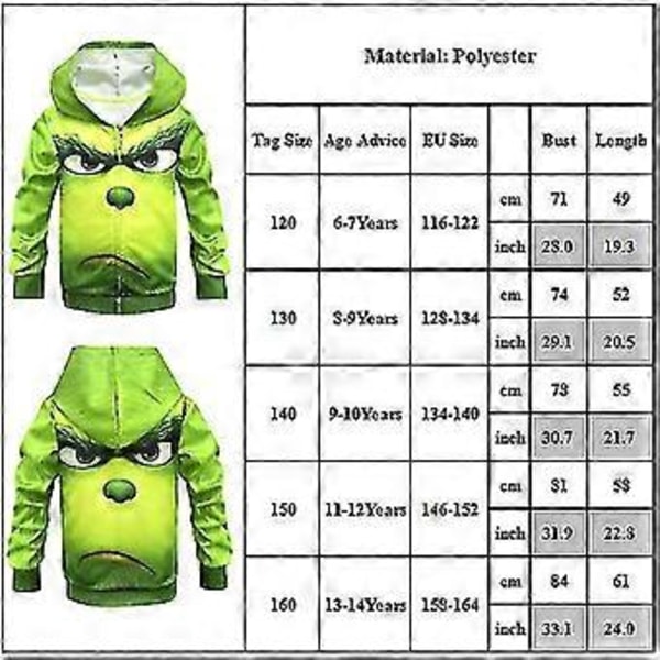Drenge Frakke Jakke The Grinch Hætte Zip Up Hættetrøje Jule Sweatshirt Toppe -NMAOV( 13-14 År)