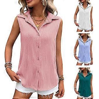 Dame Ærmeløs Knapper Ned Tank Top Tekstureret Krave Bluser Mode Afslappet Løs Skjorte Basic Sommer Top M Grøn(M Grøn)