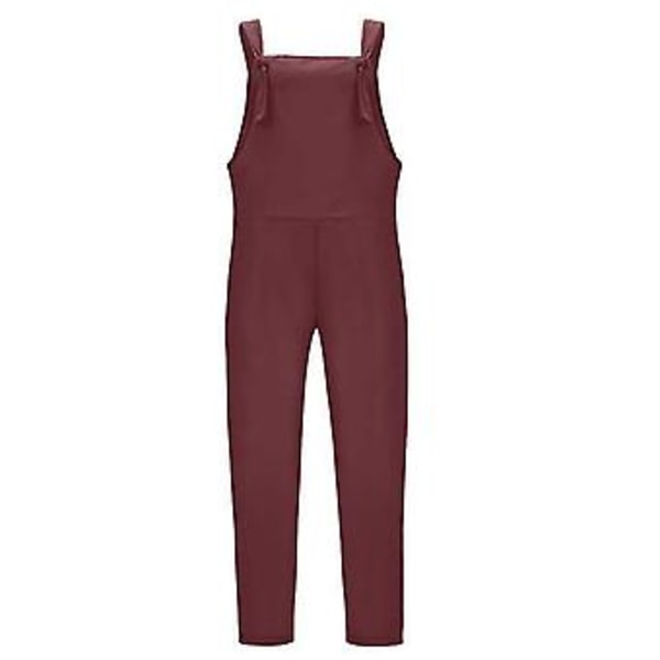 Dame vår sommer casual løse lange bib bukser jumpsuits baggy bomullslin look romper overalls bukser pluss størrelse (3XL vinrød)