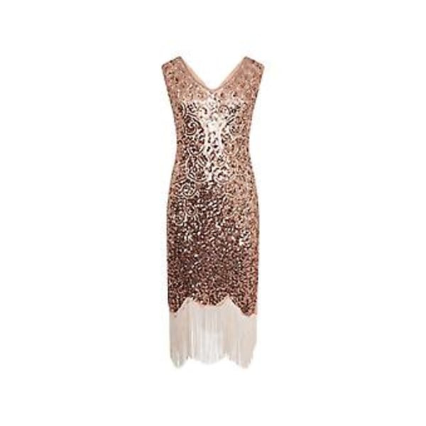 1920'er Flapper Kjole V-hals Paillet Perlebesat Kjole Brølende 20'ere Gatsby Frynse Festkjole (L Pink)