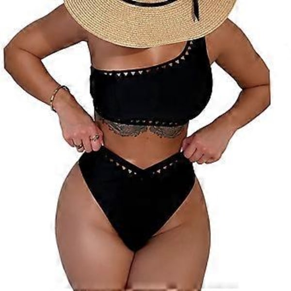 Högmidjad baddräkt för dam, tvådelad bikini, sexig crop top med en axel, högt skurna cheeky badkläder, presenter L(L )