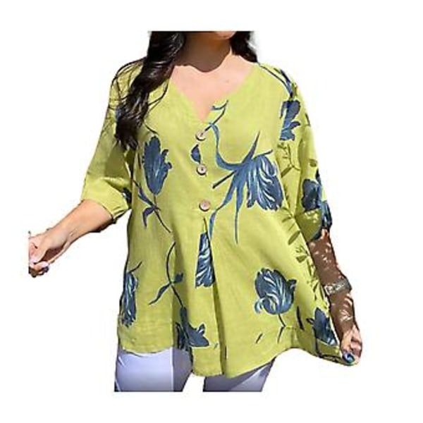 Sommer Casual Skjorte Kvinder V-hals Knapper Dekoration 3/4 Ærme Bluser Blomstertrykt Løstsiddende Trøje Topper Streetwear (L Gul)