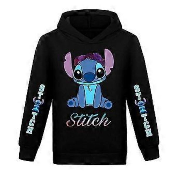 Børn Piger Drenge Lilo And Stitch Print Hættetrøje Langærmet Pullover Jumper Hættetrøje Casual Toppe -NMAOV(7-8 År Sort)