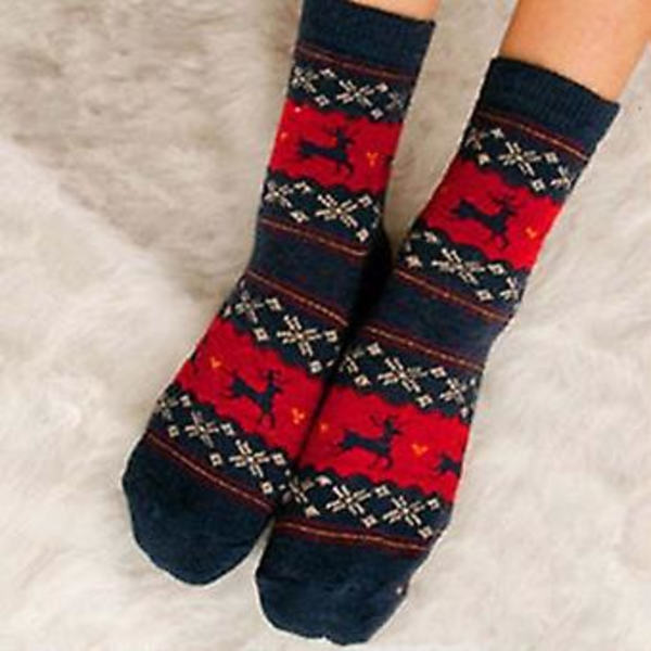 Naisten jouluiset norjalaiset Fair Isle -polvisukat, jouluhirvi, juhlalliset pitkät sukat (5 paria tummansininen)