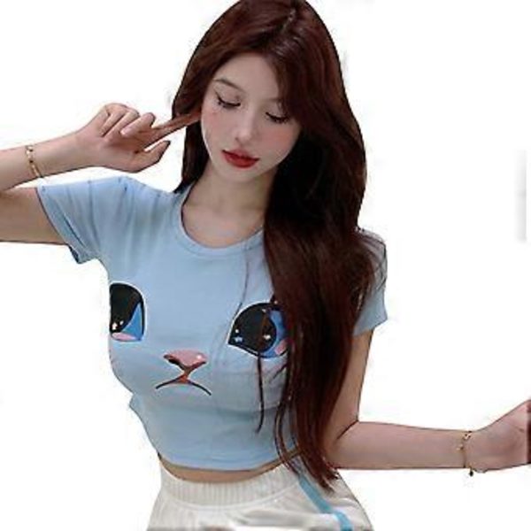 Kuvioitu Crop Top T-paita Eläin Sarjakuva Lyhythihainen Cropattu Paita Pyöreä Kaula-aukko Päivittäinen T-paita Kotiin Toimistoon Sininen XL(XL Sininen)