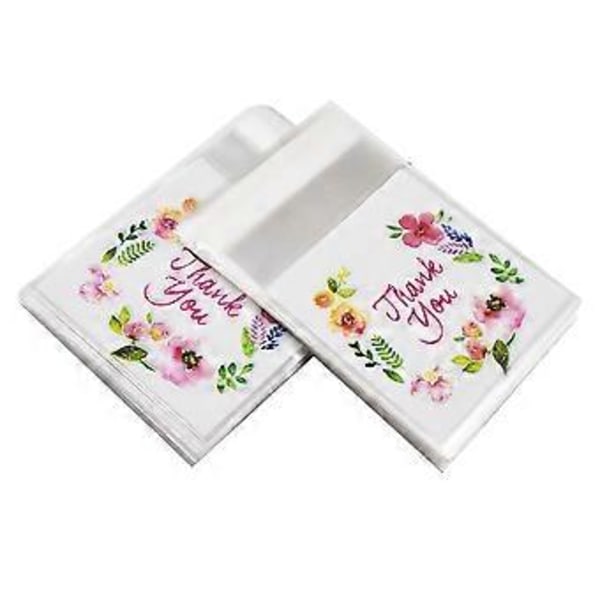 100 st Tack-påse med blommönster, presentpåse, självhäftande godis- och kakpåse, cellofanpåse, förpackningspåse, festpåse (7 x 7 + 3 cm)