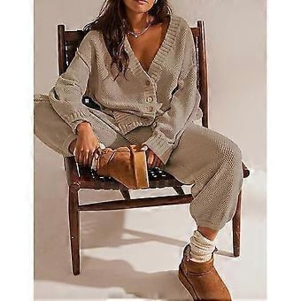 Naisten kaksiosaiset asut V-kaula-aukkoinen pitkähihainen neuletakki ja neulotut leveälahkeiset housut Loungewear-villapaitasetit ruskea XL (XL ruskea)