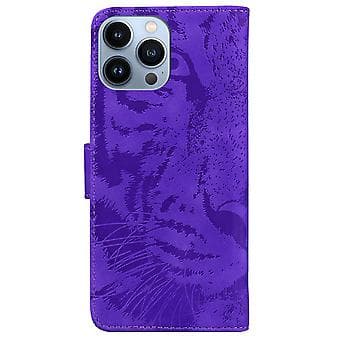 Tigerpräglad Läderfodral för iPhone 14 Pro Max (Lila)