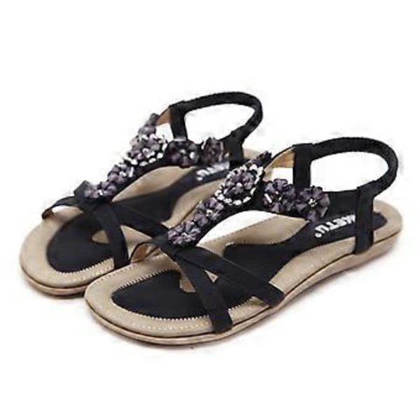 Sommersandaler til kvinder, boheme blomster, rhinsten, stor størrelse, flade sko, strandsandaler (EU 39 Sort)