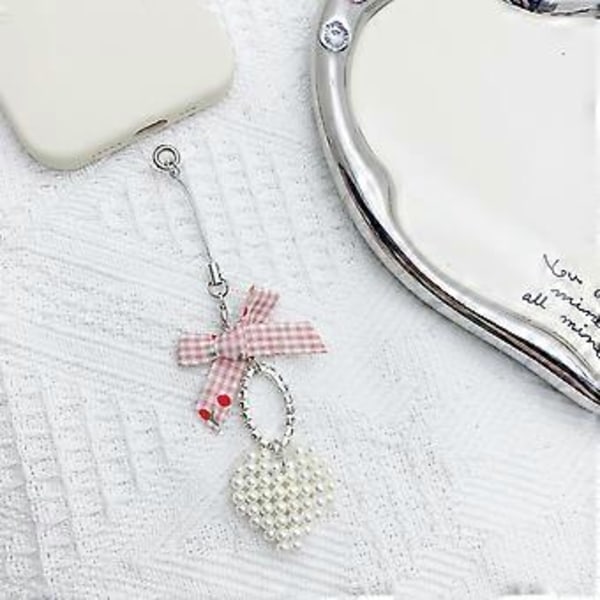 Moderigtige Perler Hjerte Charm med Sløjfe Nøglering Perle Nøglering Taske Vedhæng Multipurpose Nøgleholder til Kvinder