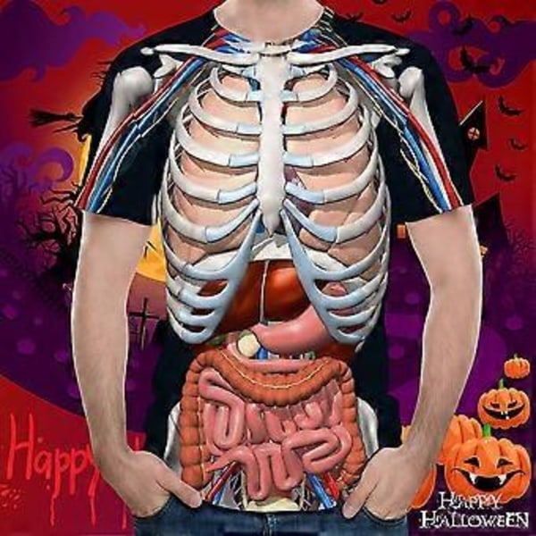 Mänskliga Organ Topp 3D-Printad Skräck Inälvs-Mönster T-Shirt Rund Hals Kort Ärm Lös Topp Halloween Dekoration Tillbehör (3XL)