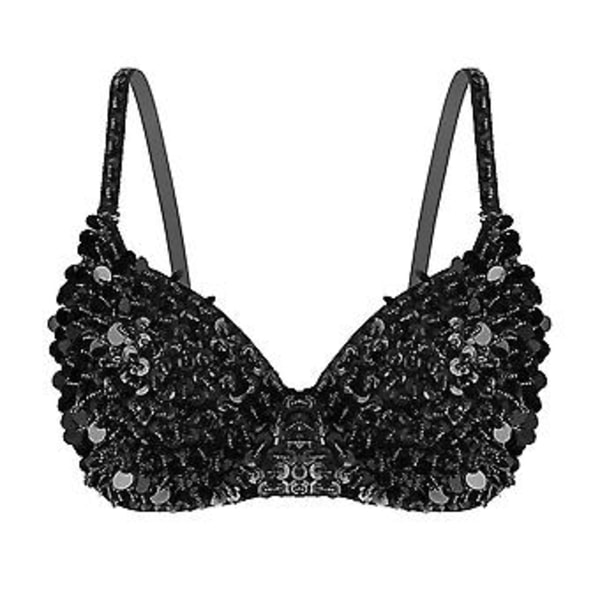 Kvinnors Glittrande Pärlor Padderad BH Toppar Magdans Kostym Festival Rave Party Showgirl Cabaret Prestanda Clubwear-r (34 A Svart)