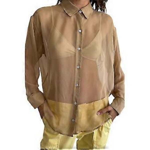 Kvinner Gjennomsiktig Løstsittende Skjorte, Dame Casual Lapel Krage Lang Erme Knappet Bluse (L Khaki)