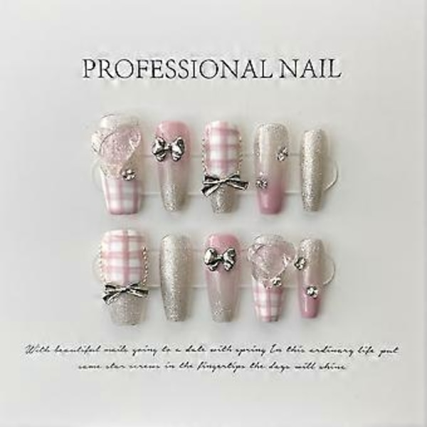 Långa Kista Handgjorda Rosa Falska Naglar Rhinestone Glitter Gradient Falska Naglar med Design 3D Kristall Metalliska Press On Naglar Glansiga Akryl för Kvinnor a