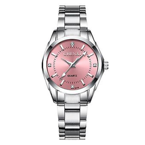 Dameur med pink urskive, vandtæt stållænke, analogt quartz ur (Pink)