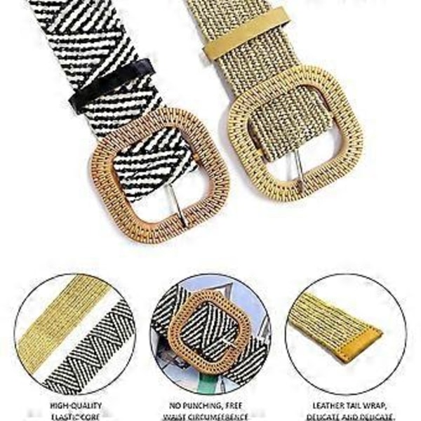 2 stycken fyrkantigt spänne halm elastiskt bälte för kvinnor, stretch smalt flätat elastiskt klädbälte
