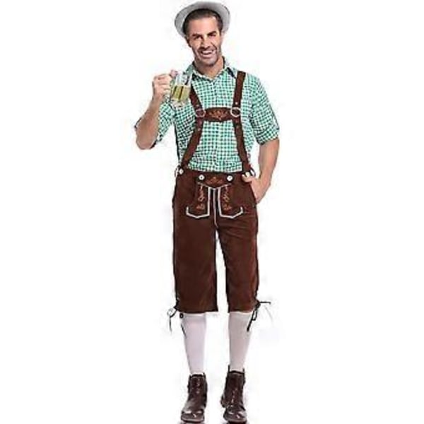 Saksalainen perinteinen miesten Oktoberfest-asu ruudullinen paita brodeeratut henkselit puku (L vihreä paita ja ruskeat haalarit)