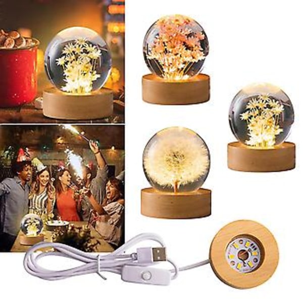 Starnearby Blomma Kristallkula Lampa, 6 cm Glasboll Upplyst, Maskros i Glas, Glasboll Nattlampa Med Träsockel