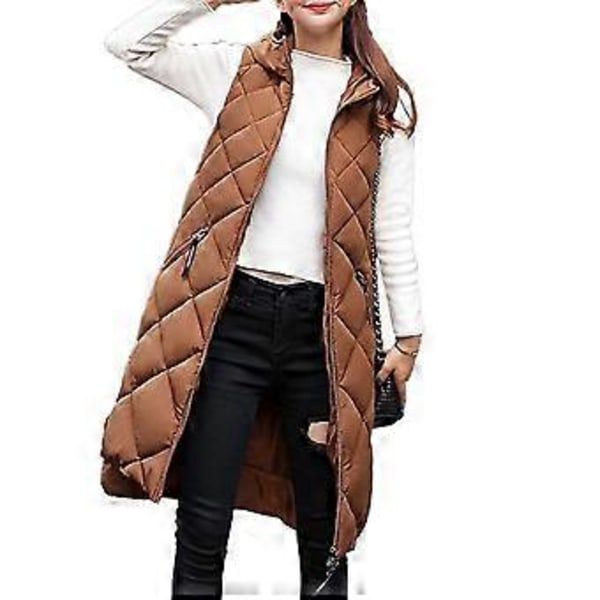 Dame Vinter Vest Polstret Lynlås Ærmeløs Hætte Ensfarvet Hold Varmen Tyk Midi Længde Vinter Dunjakke til Daglig Brug (2XL brun)