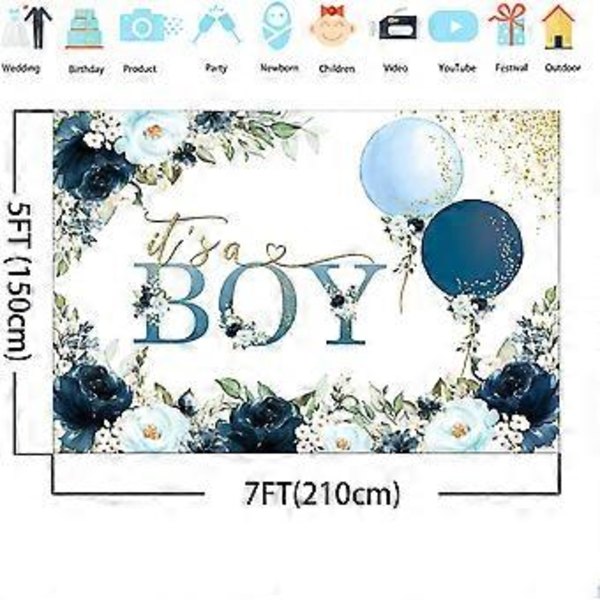 Det er en dreng Babyshower Baggrund Blå Blomstret Babyshower Baggrund Guldprikker Dreng Babyshower Baggrund Banner Kagebord Dekorationer (7x5)