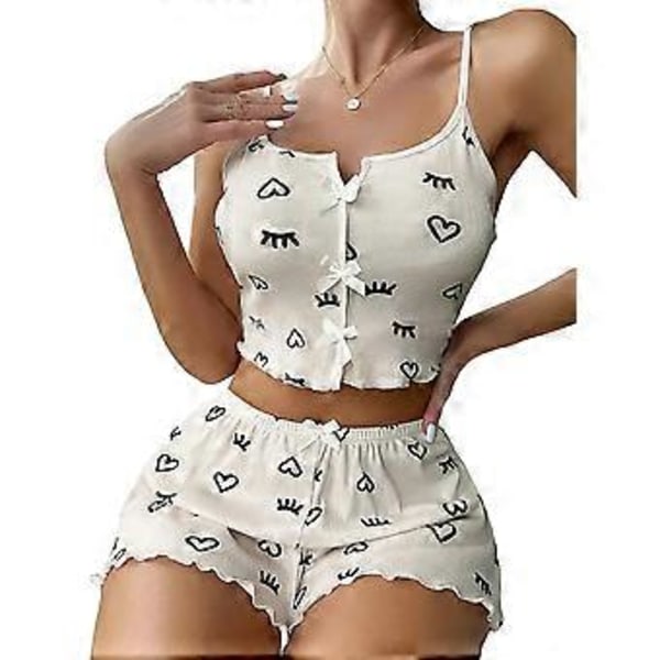 Dam Pyjamas Set Sexig V-ringad Linne och Shorts med Elastisk Midja Lounge Sovkläder Set (XL kärlekstryck)