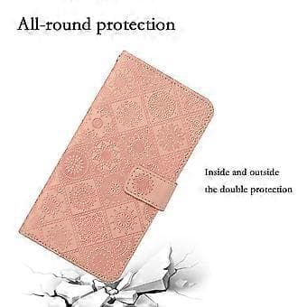 Læderpung-etui til iPhone 15, præget blomster stødsikkert telefonstativcover