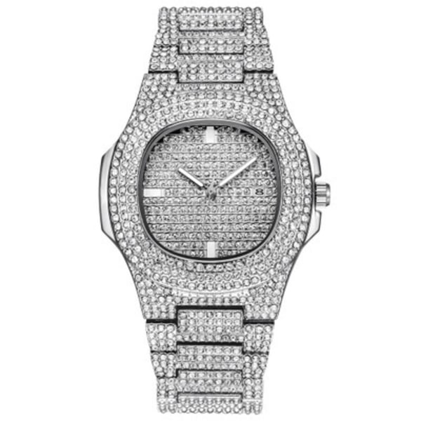 Unisex Luksus Fuld Diamant Ur Sølv Guld Mode Kvarts Analog