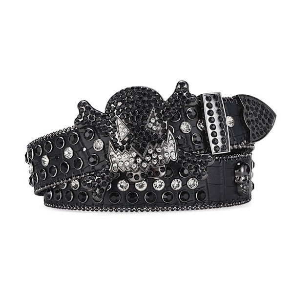（Svart 115 cm） Rhinestone Skull bälte män glänsande mode bälte punk f