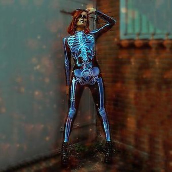 Skeletdragt til kvinder, heldragt, udklædning, Halloween kostume (XL)