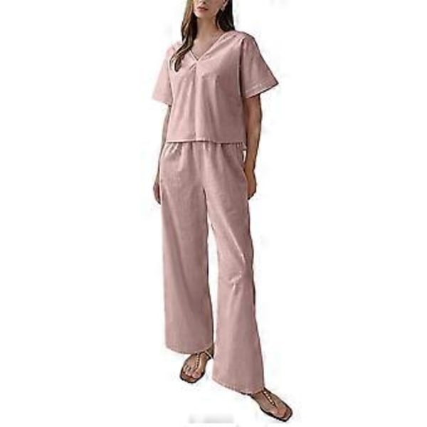 Dame Pyjamas og Bukser Sæt V-Formet Krave Pyjamas Bomuld Rygløs Pyjamas Natbukser Sæt (L lyserød)