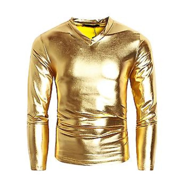 Menn T-skjorte Blank Utseende Ensfarget Lang Ermet Topp V-Hals Slim Fit T-skjorte Nattklubb Fest Opptreden Kostymer (L Gul)