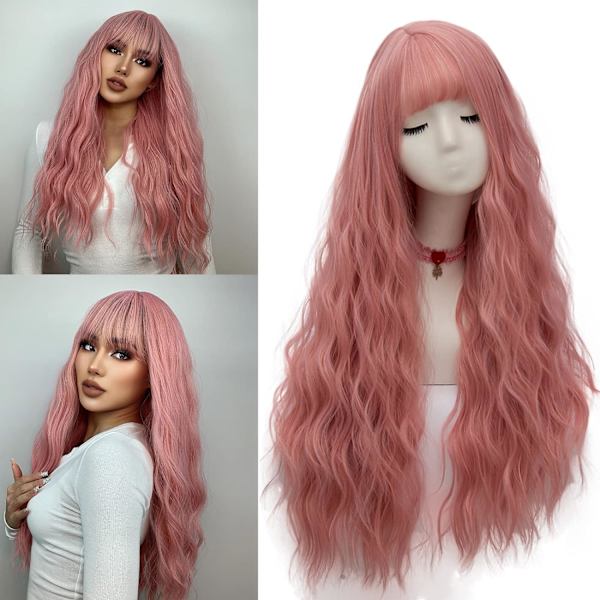 Kvinners rosa parykk lang fluffy krøllete bølget hårparykker for jente varme F